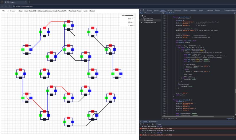 Browser-based PCB design tool showing a simple circuit with LEDs and routing