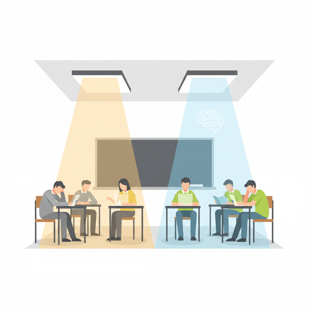 Modern classroom with dynamic, blue‑enriched lighting showing students engaged in learning under optimized lighting conditions