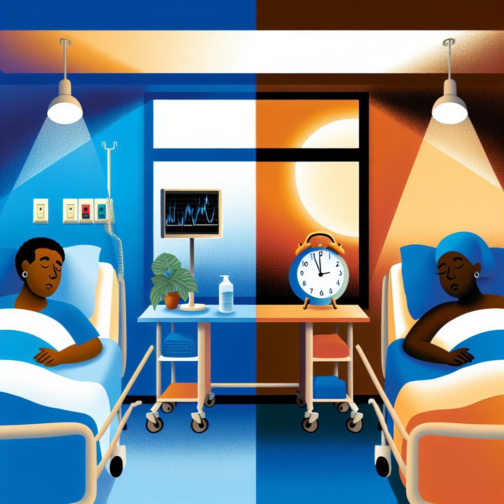 Professional illustration depicting ICU environment with circadian lighting systems and melanopic light therapy for delirium prevention